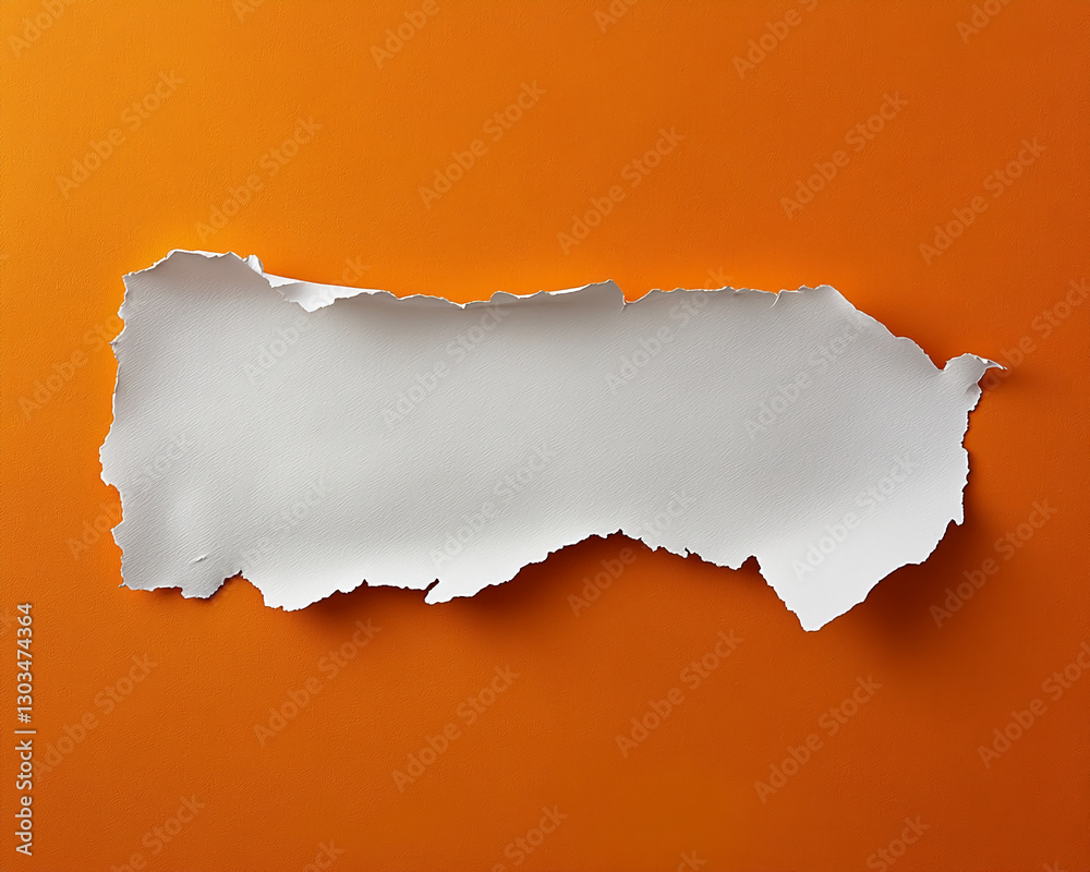 Poster Torn white paper with rough edges on an orange background, creating a blank space for text or design, symbolizing creativity and space for message placement.
