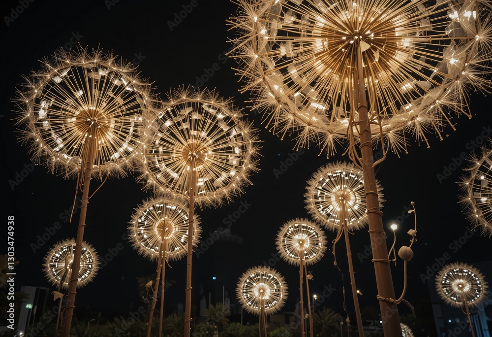 Poster Glowing Dandelion Sculptures. Enchanting Light Structures Radiate Warmth. Against A Black Backdrop. Creating A Dreamlike Atmosphere. A Low Angle Perspective Evokes Whimsy.