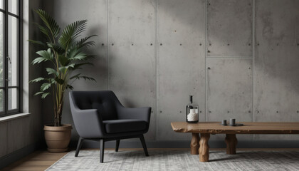 Dark Chair and Wooden Table in Living Room Interior with Plant and Concrete Wall Background