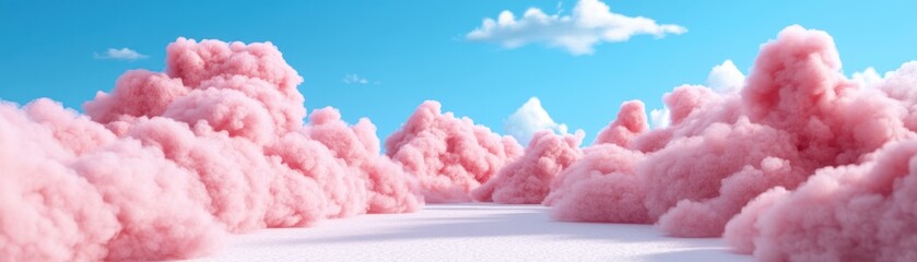 Fluffy pink clouds under a bright blue sky create a dreamy scene.