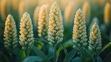 A close-up view of a bunch of wheat growing in a field