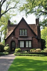 Beautiful brick cottage surrounded by lush greenery and well-maintained gardens in a peaceful neighborhood during a sunny day