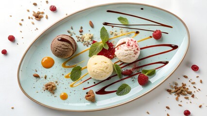 Gourmet ice cream dessert platter with chocolate, vanilla, and raspberry flavors, beautifully presented