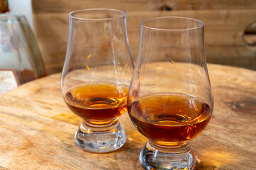 Scotch single malt and blended whisky tasting on distillery in Scotland close up