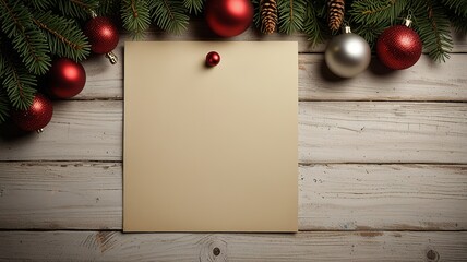 Greeting card christmas mockup with fir tree branches on dark wooden background