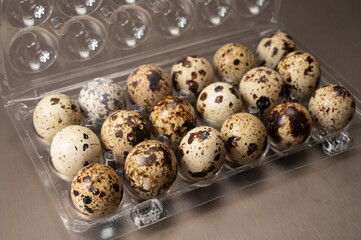Obraz premium Fresh small spotted partridge or quail bird eggs uncooked in plastic box