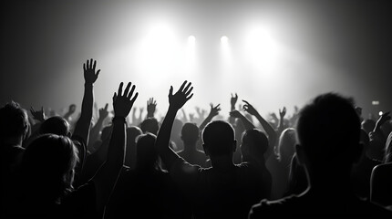 Enthusiastic Concert Crowd with Raised Hands Black and White Photography