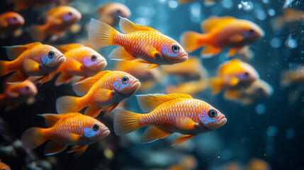 Fototapeta premium Group of Scuba Divers Exploring Vibrant Underwater Scene Filled With Colorful Marine Life