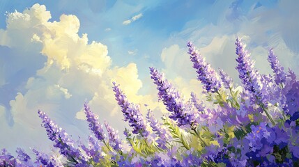 Naklejka premium Serenity Garden Lavender Flowers Cloudy Sky Background
