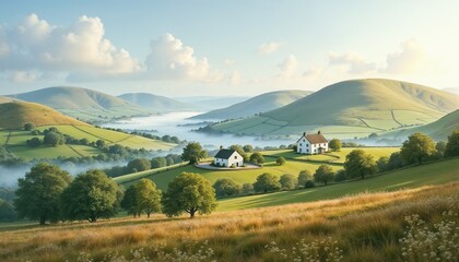 Obraz premium Rural Irish landscape with vibrant hills and small white cottages nestled between valleys, soft morning mist, Irish countryside with gentle hills, photorealistic digital watercolor 