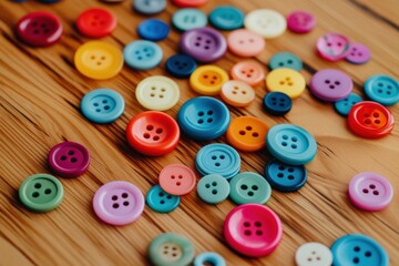 Colorful assortment of buttons scattered on wooden surface showcasing various sizes and hues, perfect for crafting and sewing projects, creative design concept
