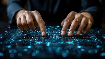 Exploring the Digital Frontier: A Close-Up of Hands Interacting with a Futuristic Interface