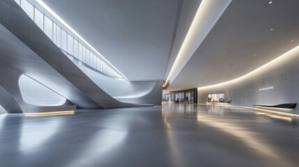 Modern Minimalist Hall with Clean Lines, Smooth Concrete Walls, and Expansive Open Floor Space, Providing a Sleek and Contemporary Backdrop for Text, Sharp Focus, Bright Lighting, and Expansive Compos