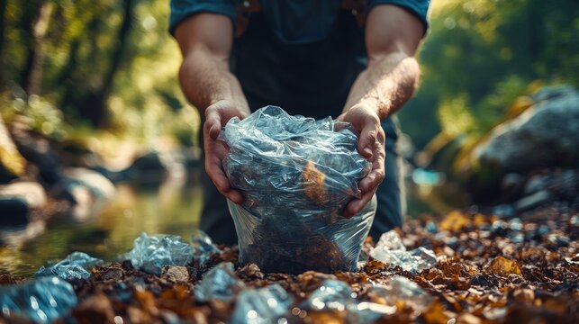 Environmentalist Collects Plastic Waste to Promote Sustainability in a Serene Forested Area During Daylight