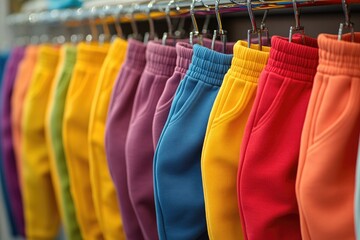 A row of vibrant and bright pants hanging on a rack, ready for sale or storage