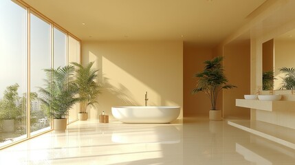 Modern beige bathroom with tub and city view