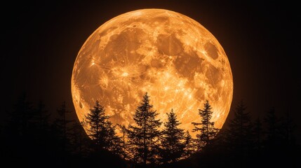 Majestic Orange Harvest Moon Rising Over Silhouetted Pine Trees