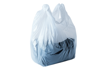 A translucent plastic bag contains dark clothing, symbolizing a common recycling initiative isolated on transparent background