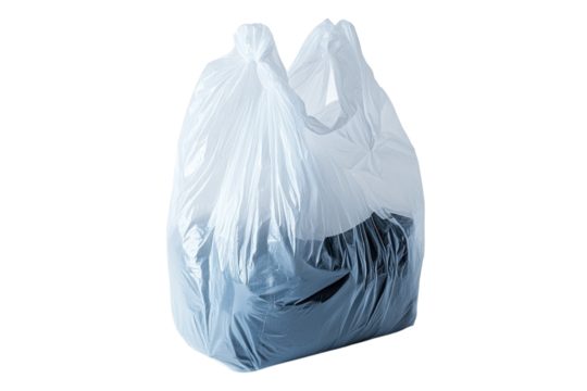 A translucent plastic bag contains dark clothing, symbolizing a common recycling initiative isolated on transparent background