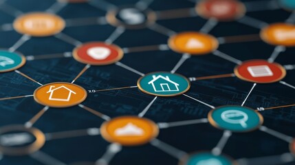 A digital network graphic featuring various icons connected by lines, representing concepts such as home, security, and technology.