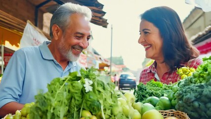Happy senior couple enjoying fresh produce at farmers market. concept of healthy living, local food, relationship bonding, joyful shopping experience - Powered by Adobe