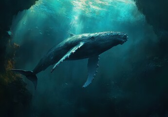 Fototapeta premium Majestic Humpback Whale Gliding Through Crystal Clear Ocean Waters Surrounded by Bubbles and Fishes in Ethereal Light Underwater Environment