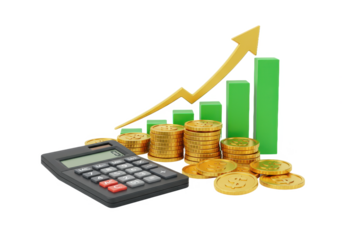 A 3D financial growth composition of neatly stacked golden coins an upward moving gold arrow and a green bar graph