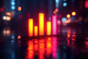 A bustling city street at night with vibrant neon lights, great for urban scenes or nighttime moods