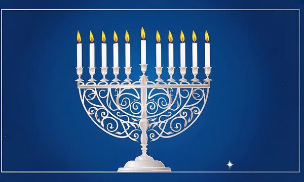 A decorative menorah with lit candles, set against a starry, dark blue background.