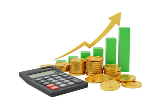 A 3D financial growth composition of neatly stacked golden coins an upward moving gold arrow and a green bar graph