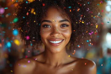 A woman with colorful confetti stuck in her hair, perfect for celebration or party themes