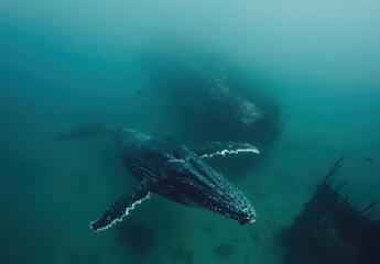Obraz premium Majestic Humpback Whale Swimming Gracefully Near a Sunken Shipwreck in Mysterious Underwater Environment