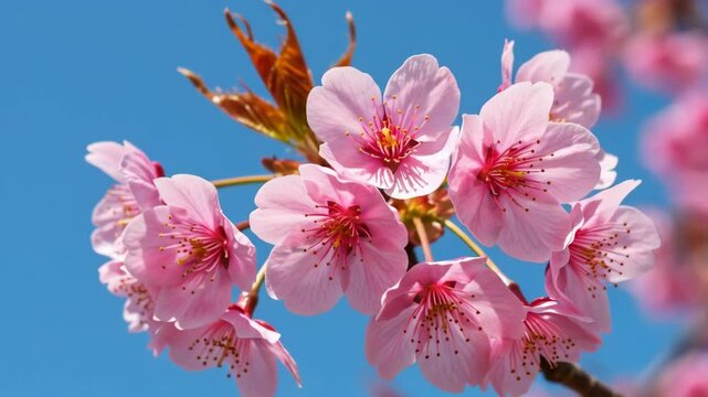Sakura Cerezo en flor contra un fondo de cielo azul claro en primavera. Hanami videos
