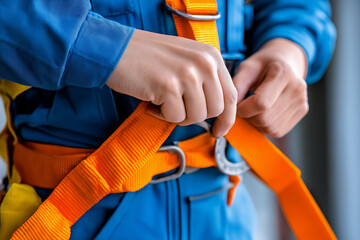 Close-up of a Worker Securing a Safety Harness During Preparation for a Job at a Construction Site