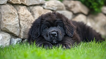 Fototapeta premium Adorable Newfoundland Puppy Resting in Grass Near Stone - Perfect for Pet Lover Concepts and Nature Themes