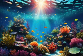 Naklejka premium vibrant underwater flora fauna displaying harmony colorful marine ecosystem, coral, fish, seaweed, shell, algae, octopus, starfish, sponge, anemone, crab