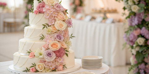 White three-tier wedding cake with floral decorations set on table at reception venue