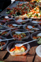 A large table that is beautifully topped with various colorful plastic bowls filled with delicious food along with handy plastic spoons for everyone to enjoy their meal together