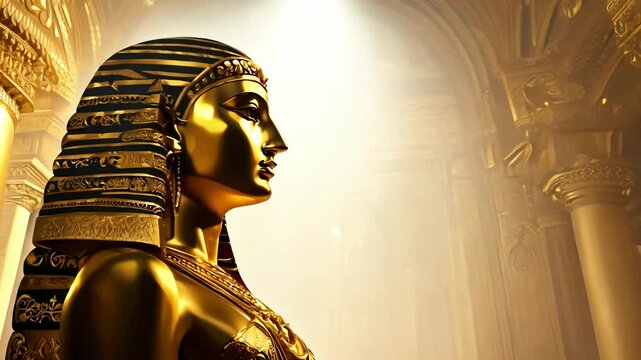 Ancient egyptian queen sculpture in luxurious golden temple interior. concept of egyptian history, royalty, architectural elegance, cultural heritage
