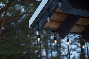 Christmas decorations near the house in winter. New Year and Christmas.