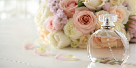 Wedding bouquet with pink roses and perfume bottle placed on elegant table setting