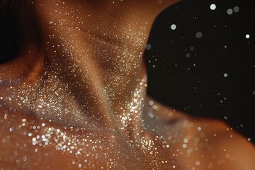 Close-up of a female body covered with glitter on a black background, Ai Generated