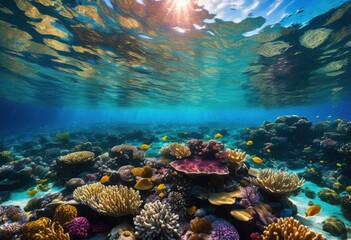 Naklejka premium stunning underwater coral reef landscape showcasing vibrant marine biodiversity diverse fish species colorful coral formations, aquatic, beauty, depths