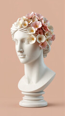 Stone statue covered with spring flowers on isolated background