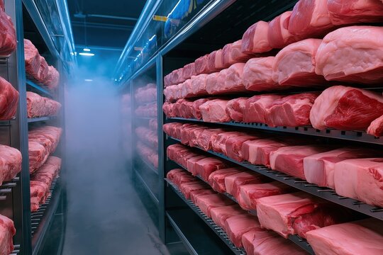 Large cold storage facility filled with neatly stacked fresh raw meat on metal shelves, surrounded by cold mist. The industrial refrigeration system ensures preservation. Concept of food processing