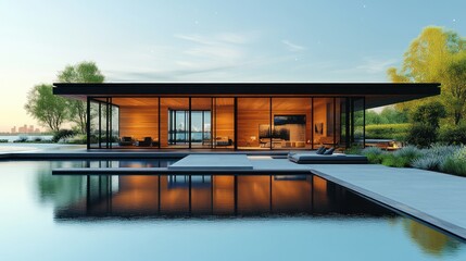 Fototapeta premium Modern House by Pool at Sunset