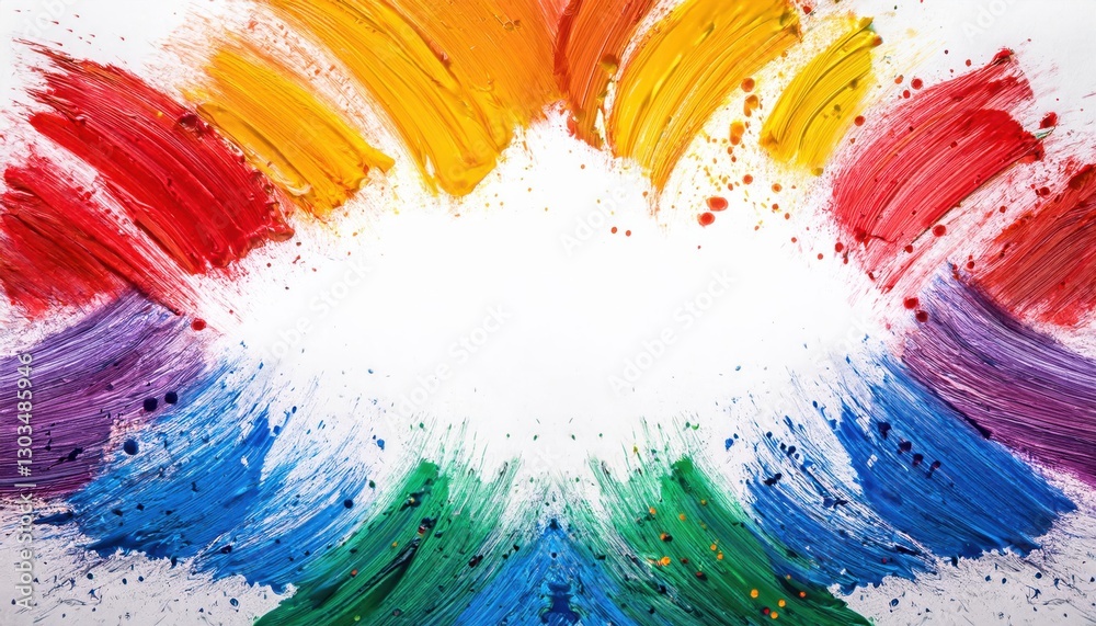 Poster vivid brushstroke explosion with colorful paint splashes on white background, creative abstract art 