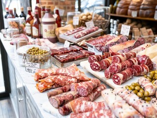 Gourmet Artisan Charcuterie Board: A Colorful Meat and Cheese Platter Display for Fine Dining and Deli Delicacy Shops