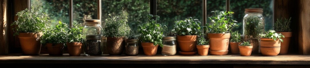 A well-lit window shelf with a variety of herbs in pots and jars for a rustic kitchen vibe. Generative AI