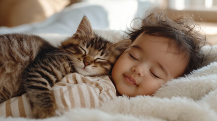 A baby and a tabby kitten cuddling together in a soft blanket, enjoying a peaceful nap in a cozy setting.